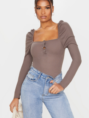 Mocha Rib Puff Long Sleeve Bodysuit