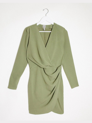 Asos Design Long Sleeve Pleat Front Wrap Mini Dress In Khaki