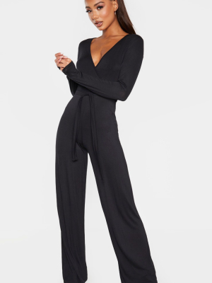 Black Tie Waist Long Sleeve Jumpsuit