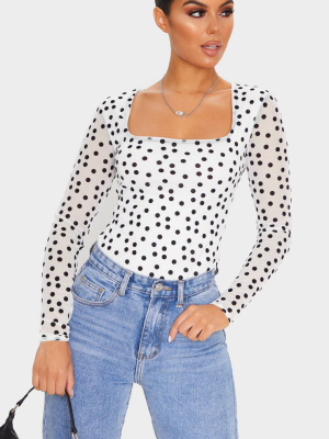 White Polka Dot Mesh Square Neck Bodysuit