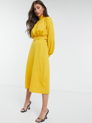 Closet London High Neck Belted Midi Dress With Cuffed Sleeve In Mustard