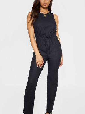 Tall Black Casual Tie Waist Straight Leg Jumpsuit