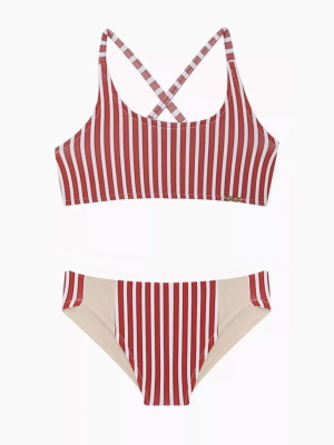 Marvie Criss Cross Back Bikini Set (kids) - Red & Beige Stripes Print