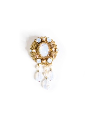 Vintage West Germany Opaline And Rhinestone Dangling Crystal Brooch