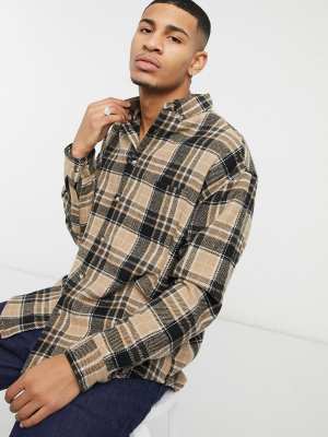 Asos Design Wool Mix 90s Oversized Shirt In Brown Tartan Check