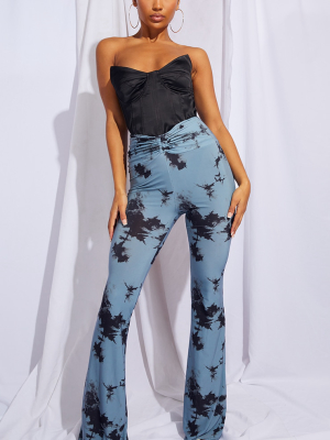 Navy Tie Dye Slinky Ruched Waist Flared Leg Pants