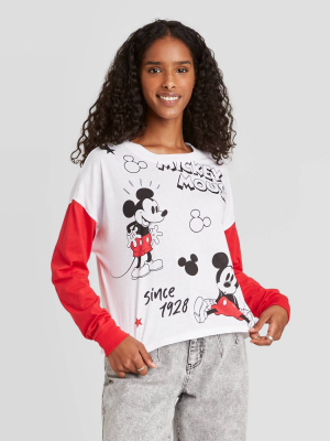 Women's Disney Mickey Cartoon Long Sleeve Graphic T-shirt - White