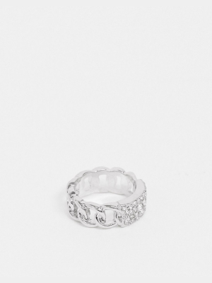 Asos Design Ring With Crystal Id Tag In Silver Tone