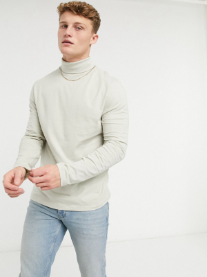 Asos Design Long Sleeve Roll Neck In Beige