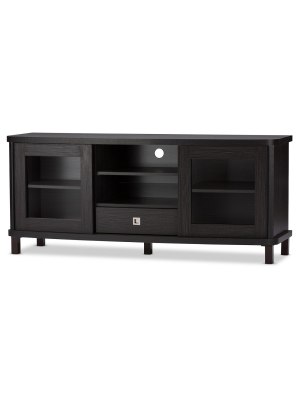 Walda 60" Wood Tv Cabinet With 2 Sliding Doors And 1 Drawer - Dark Brown - Baxton Studio