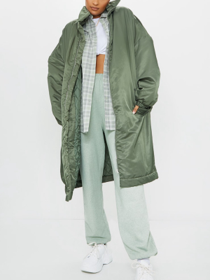 Khaki Oversized Nylon Drop Arm Midi Puffer Jacket