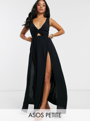 Asos Design Petite Tie Back Beach Maxi Dress With Twist Front Detail In Black