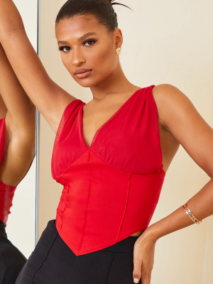 Red Bengaline Chiffon Strap Corset Detail Long Top