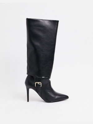 Asos Design Christy Pull-on Knee Boots With Buckles In Black