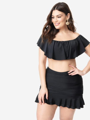 Unique Vintage Plus Size Black Ruffled Ramona Swim Top