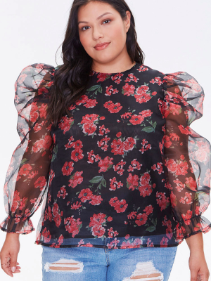 Plus Size Floral Balloon-sleeve Top