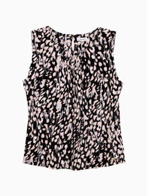 Plus Size Matte Jersey Printed Pleat Neck Sleeveless Top