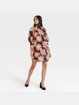 Women's Floral Print Puff Long Sleeve Dress - Who What Wear™ Black