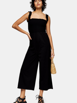 Petite Black Strappy Shirred Wide Leg Jumpsuit