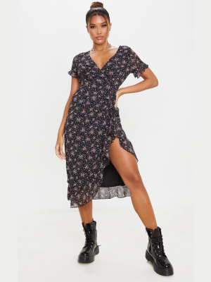 Black Floral Print V Neck Split Midi Dress