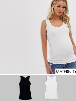 Mamalicious Maternity 2 Pack Organic Cotton Tank In Black And White