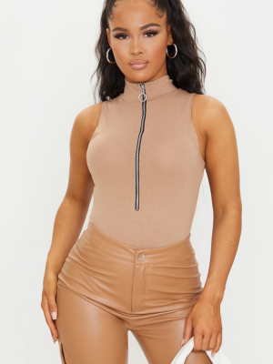 Sand High Neck Ring Zip Sleeveless Bodysuit