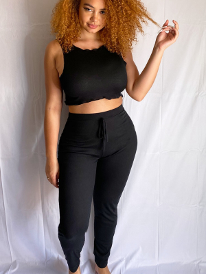 Plus Black Rib Legging & Frill Edge Crop Pj Set