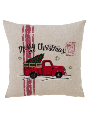 Merry Christmas Red Truck Square Throw Pillow Tan - Saro Lifestyle