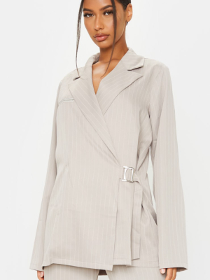 Light Grey Pinstripe Zip Pocket Belted Blazer