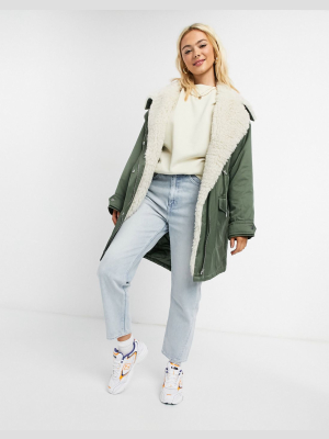 Asos Design Waterfall Parka With Fleece Lining In Khaki