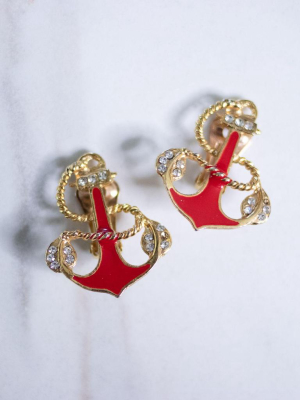 Vintage Red And Gold Anchor Statement Earrings