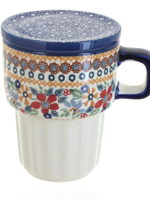 Blue Rose Polish Pottery Red Daisy Large Mug With Lid