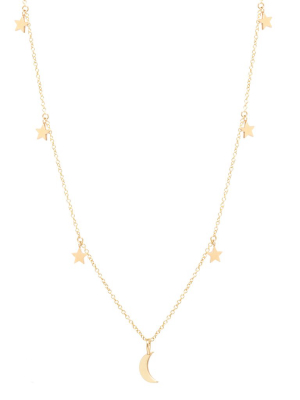 14k Midi Bitty Crescent Moon And Stars Charm Necklace