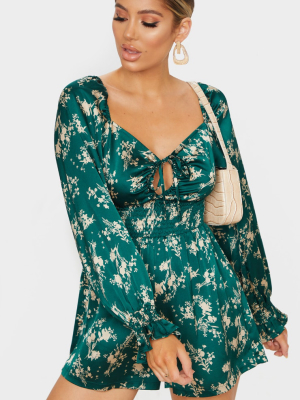 Emerald Green Floral Print Satin Puff Sleeve...