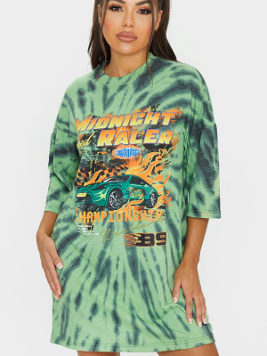 Green Tie Dye Flame Print Oversized T Shirt Dress