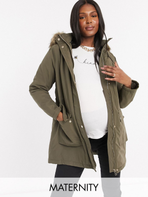 New Look Maternity Longline Parka Jacket In Khaki