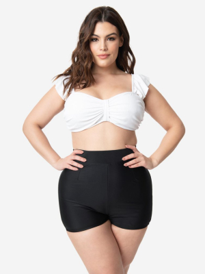 Unique Vintage Plus Size Black High Waist Capitola Swim Shorts