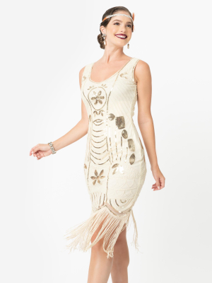 Unique Vintage Cream & Gold Sequin Fringe Cremieux Flapper Dress