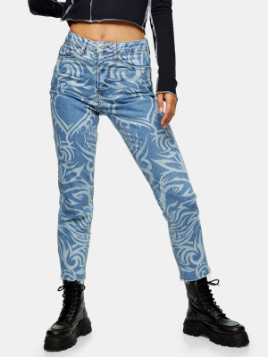 Mid Blue Lazer Print Straight Jeans