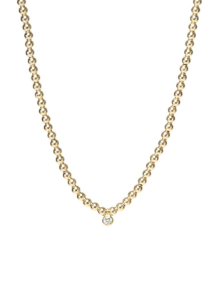 14k Gold Bead And Dangling Bezel Diamond Necklace