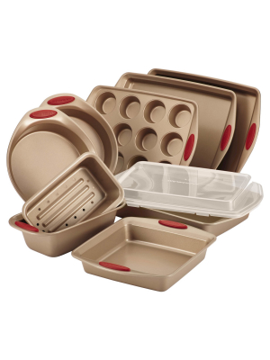 Rachael Ray 10 Piece Nonstick Bakeware Set With Handle Grips - Latte Brown With Cranberry Red