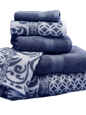 Modern Threads Reversible Yarn Dyed Jacquard 6 Piece Towel Set, Trefoil Filigree, Indigo.