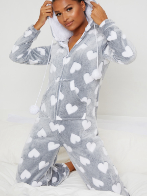 Grey Heart Printed Fleece Hooded Onesie