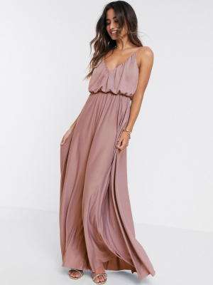 Asos Design Cami Plunge Maxi Dress With Blouson Top In Rose