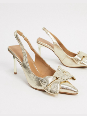 Asos Design Soul Bow Slingback Mid Heels In Gold