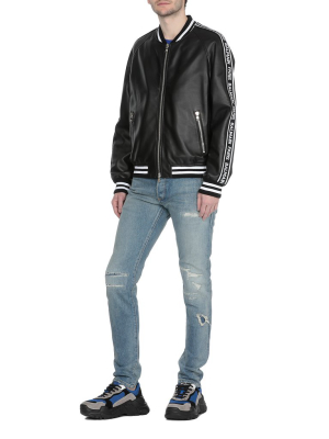 Balmain Logo Tape Leather Bomber Jacket