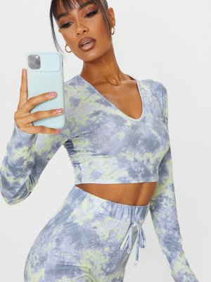 Grey Tie Dye Print V Neck Long Sleeve Crop Top