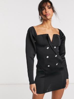 Asos Design Embellished Buttons Off Shoulder Tux Mini Dress In Black