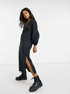 Asos Design Long Bubble Sleeve Midi Dress In Black