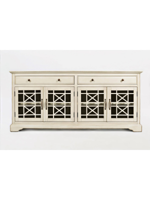 Craftsmen Series Wooden Media Unit With Fretwork Designed Doors Cream - Benzara